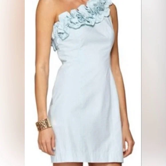 Lilly Pulitzer Vivienne One-Shoulder Light Blue Floral Appliqué Dress - Picture 3 of 10